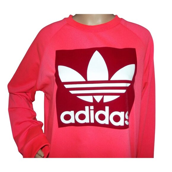 Adidas Sweatshirt Womens Size XL Neon Pink Coral red Trefoil crew neck - Picture 7 of 11